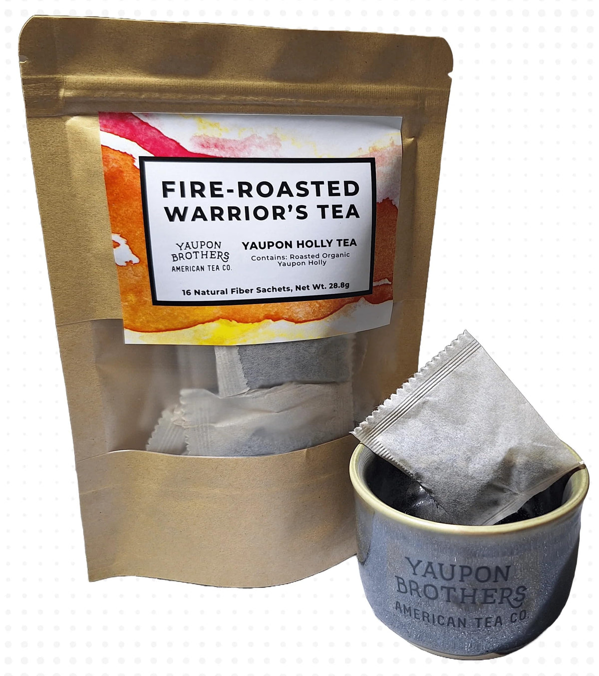 Yaupon Brothers fire-roasted Warrior Tea pack showing smoky, bold flavor.