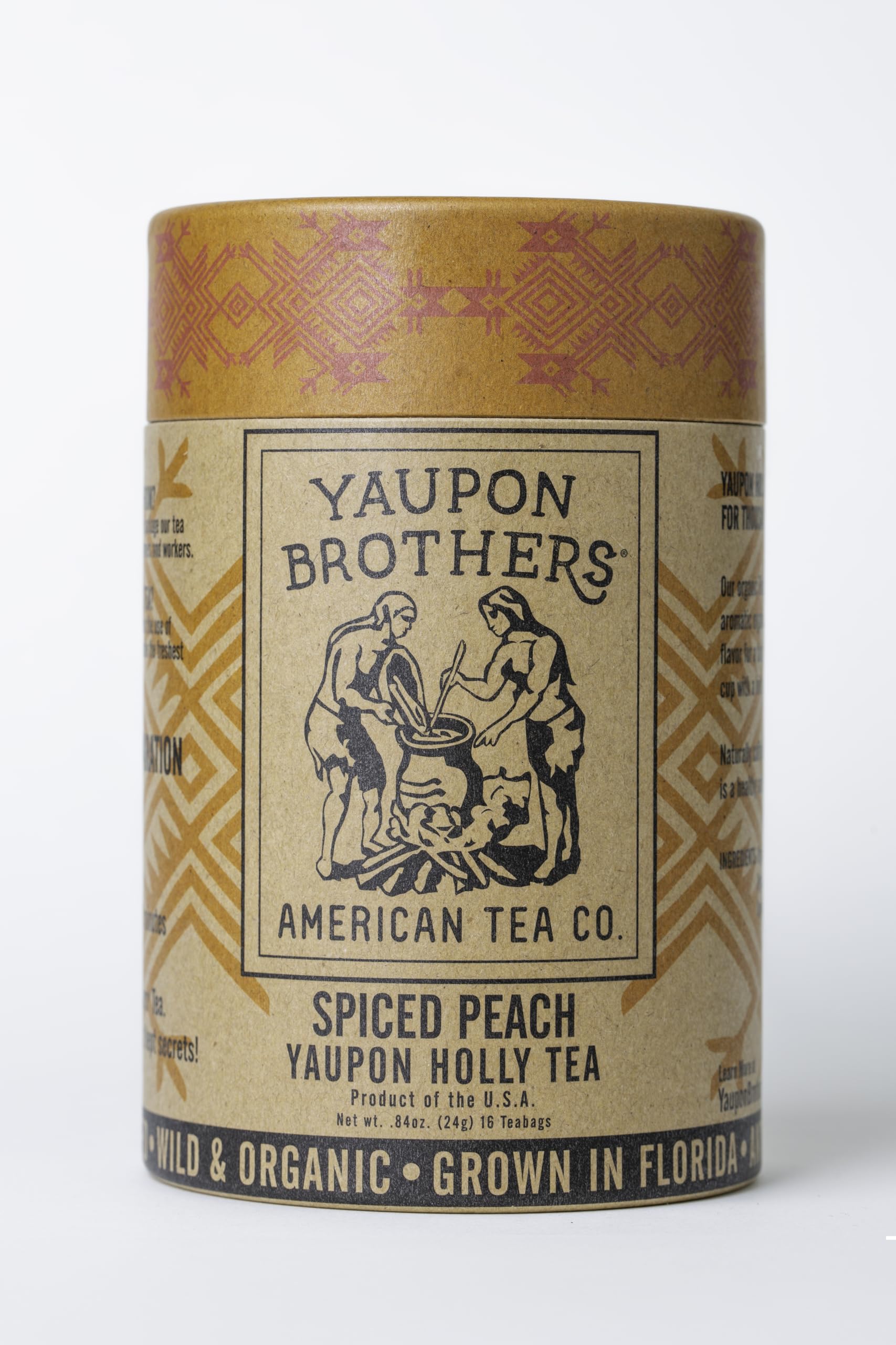 Yaupon Brothers Spiced Peach tea bags packaging shows eco-friendly design for convenient use