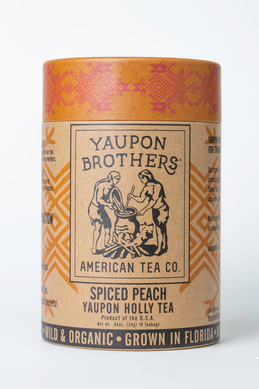 Yaupon Brothers Spiced Peach tea bags packaging shows eco-friendly design for convenient use