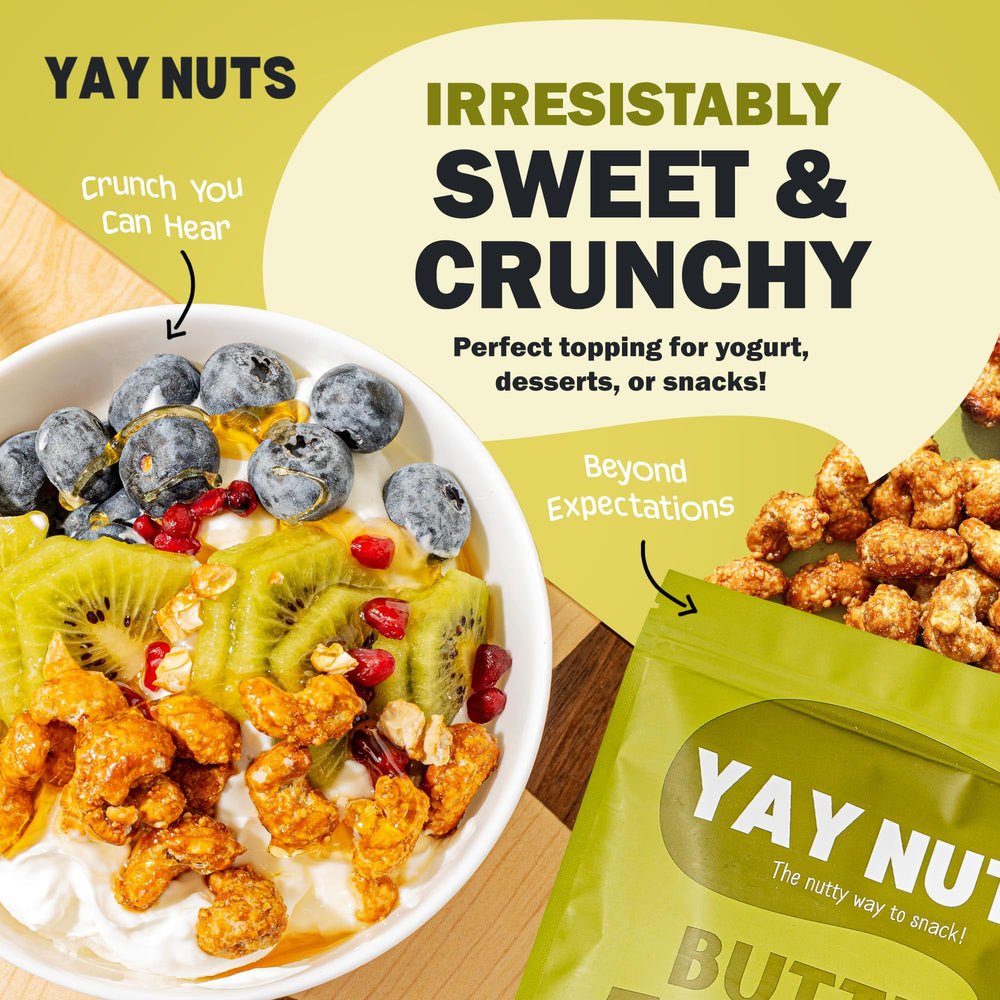 Front view of YAY NUTS Butter Toffee Cashews bag signaling value-packed snacking.