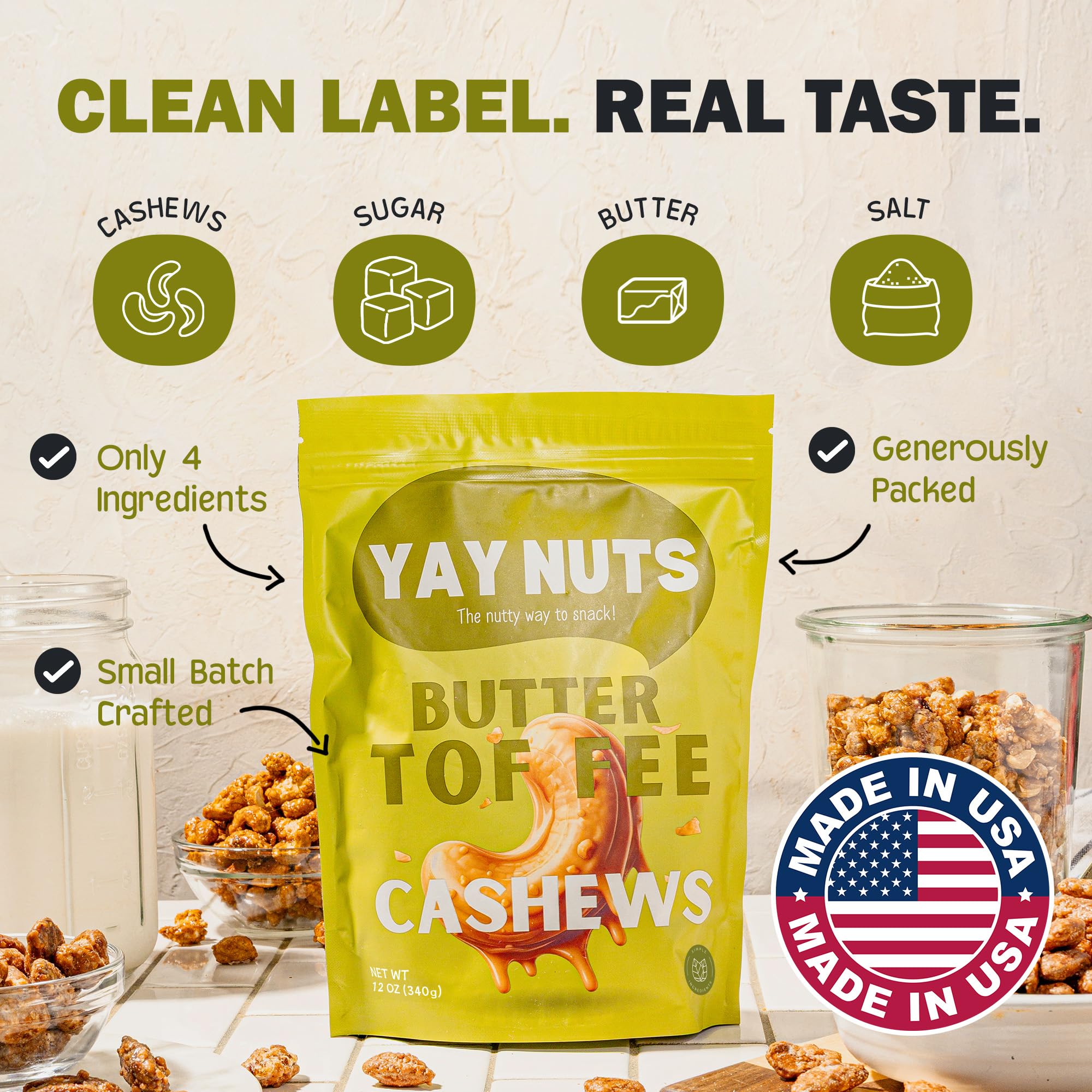 YAY NUTS Butter Toffee Cashews held in hand for grab-and-go snacking.