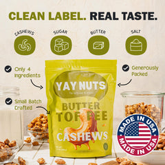 YAY NUTS Butter Toffee Cashews held in hand for grab-and-go snacking.
