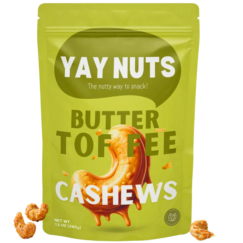 YAY NUTS Butter Toffee Cashews pack shows premium crunch for on-the-go snacking.
