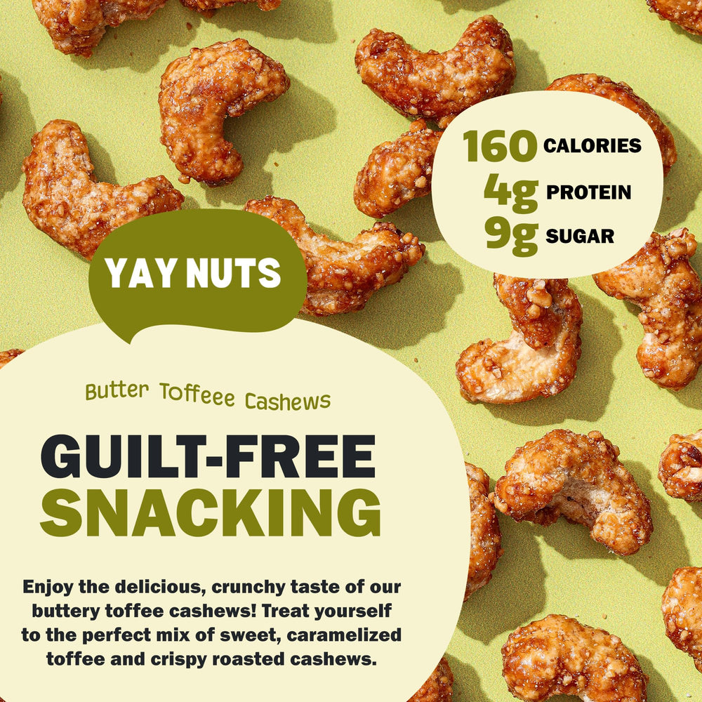 YAY NUTS Butter Toffee Cashews plated for sharing at a casual gathering.
