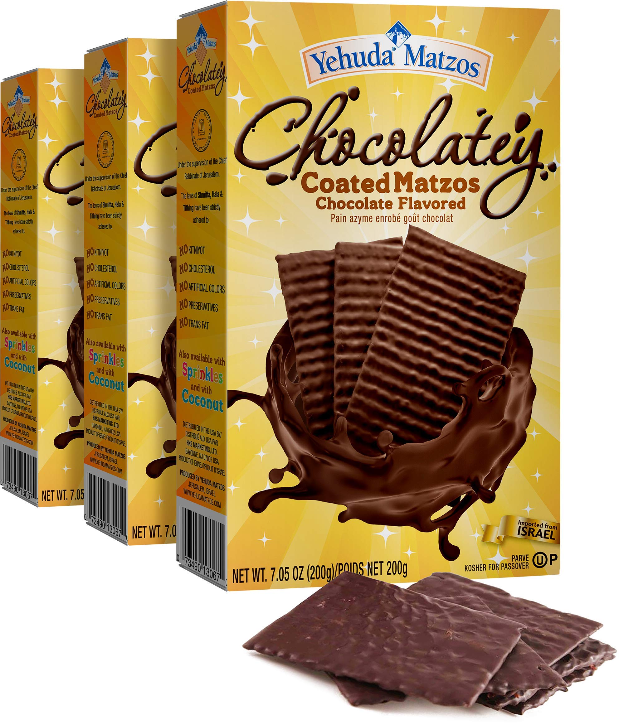 Yehuda Chocolatey Matzo 3-pack on display, ideal year-round snack.