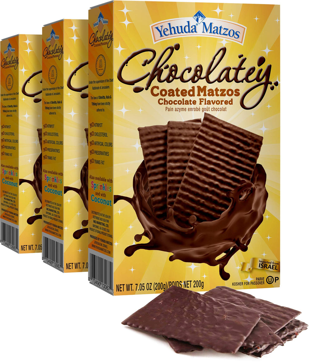Yehuda Chocolatey Matzo 3-pack on display, ideal year-round snack.