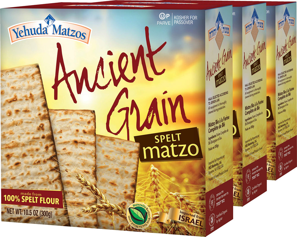 Yehuda Spelt Matzo 3-pack box front advertising organic and kosher-for-Passover quality