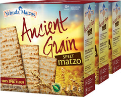 Yehuda Spelt Matzo 3-pack box front advertising organic and kosher-for-Passover quality