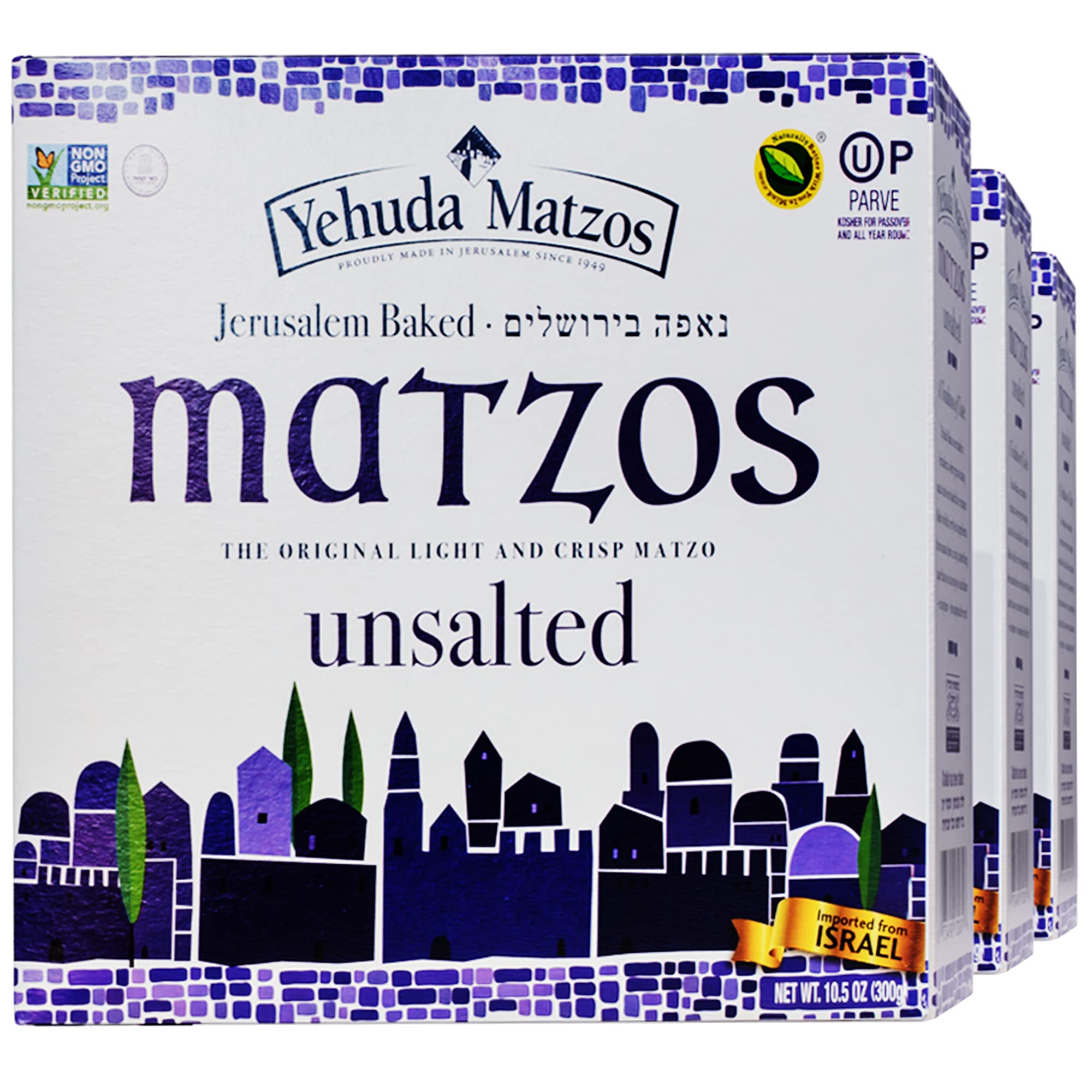 Yehuda Unsalted Matzo Thins 3-pack front view, light and crispy snack option.