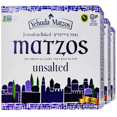 Yehuda Unsalted Matzo Thins 3-pack front view, light and crispy snack option.