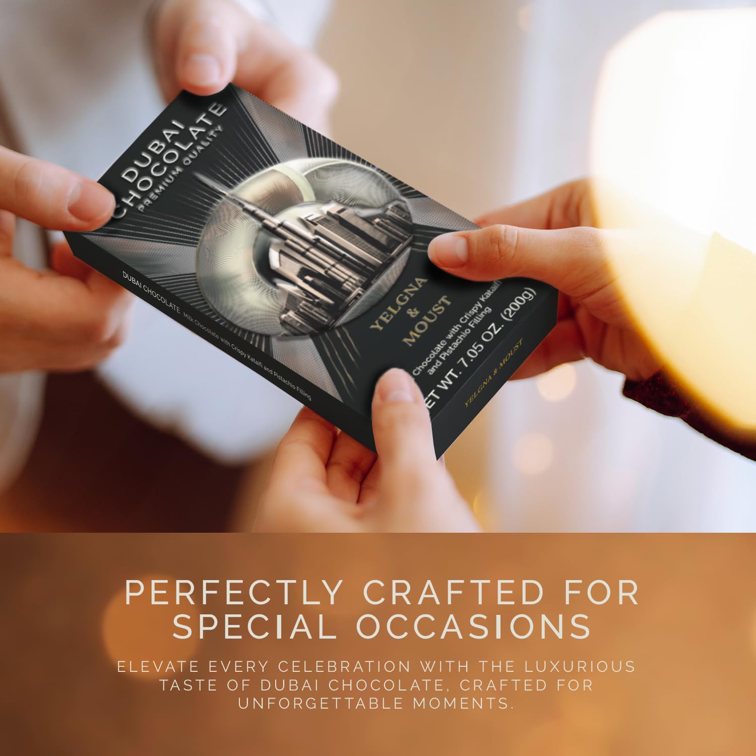 Elegant gift packaging for Dubai pistachio chocolate bar