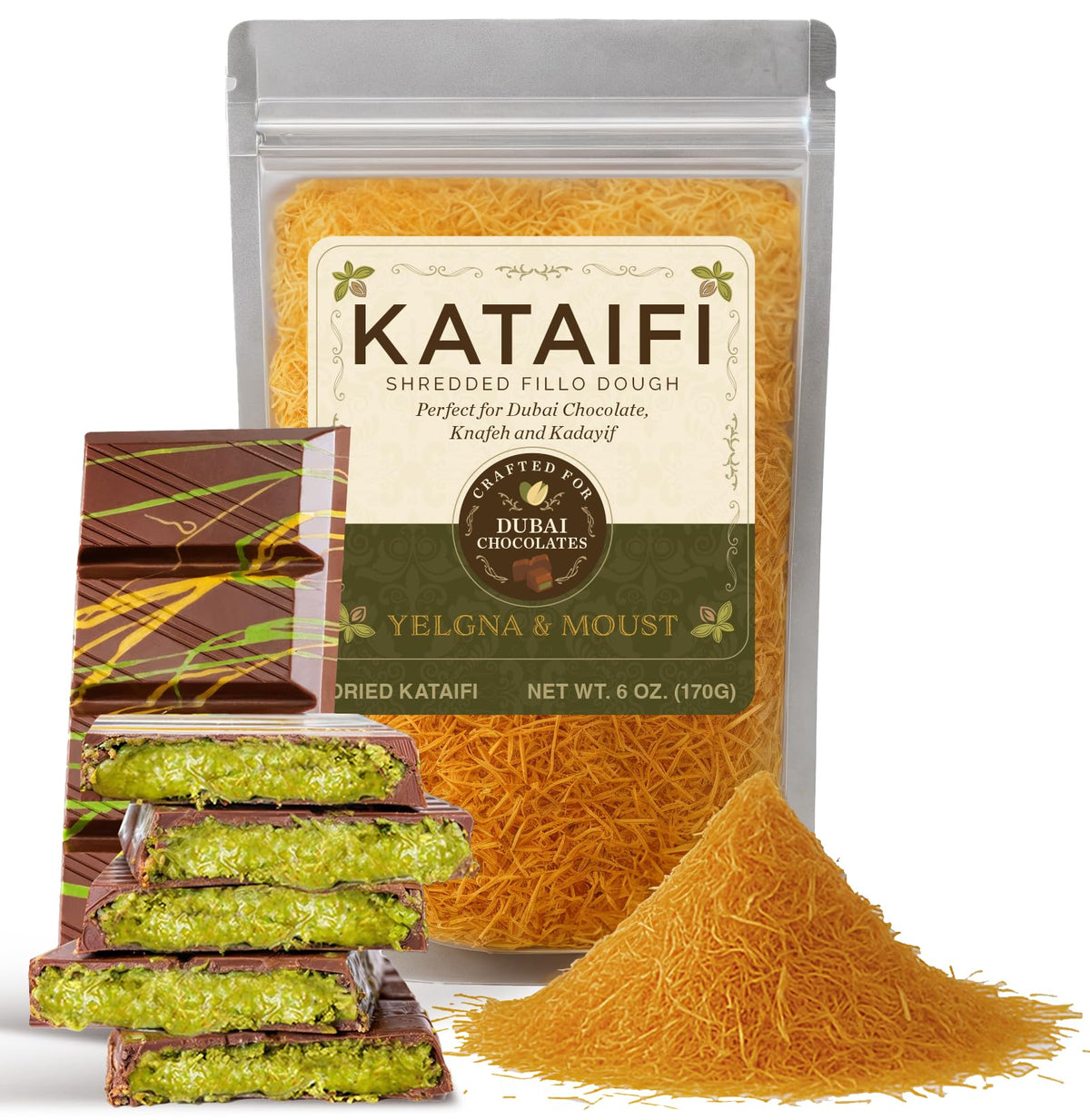 Yelgna & Moust kataifi shredded threads deliver crisp, flaky pastry for desserts.