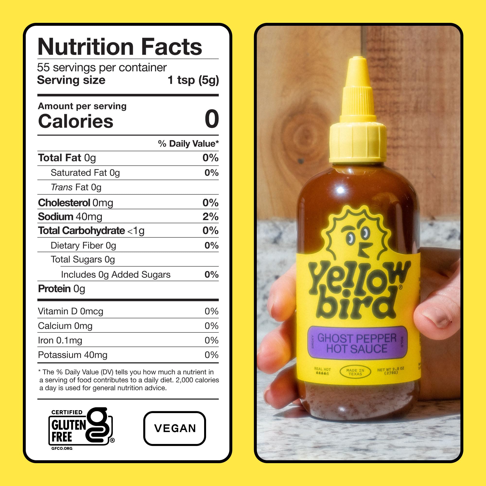 Yellowbird Classic Ghost Pepper label close-up highlighting gluten-free and vegan marks