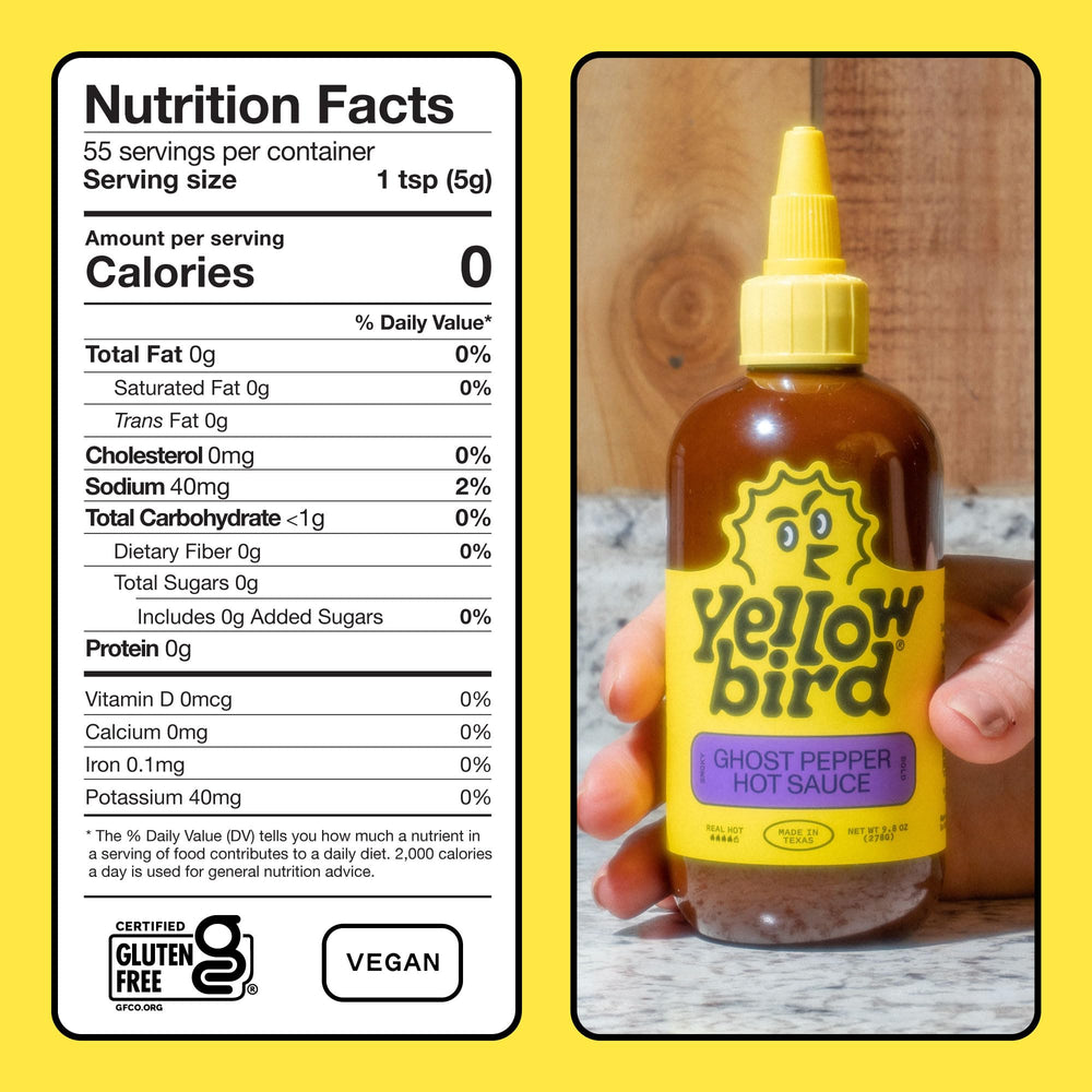 Yellowbird Classic Ghost Pepper label close-up highlighting gluten-free and vegan marks