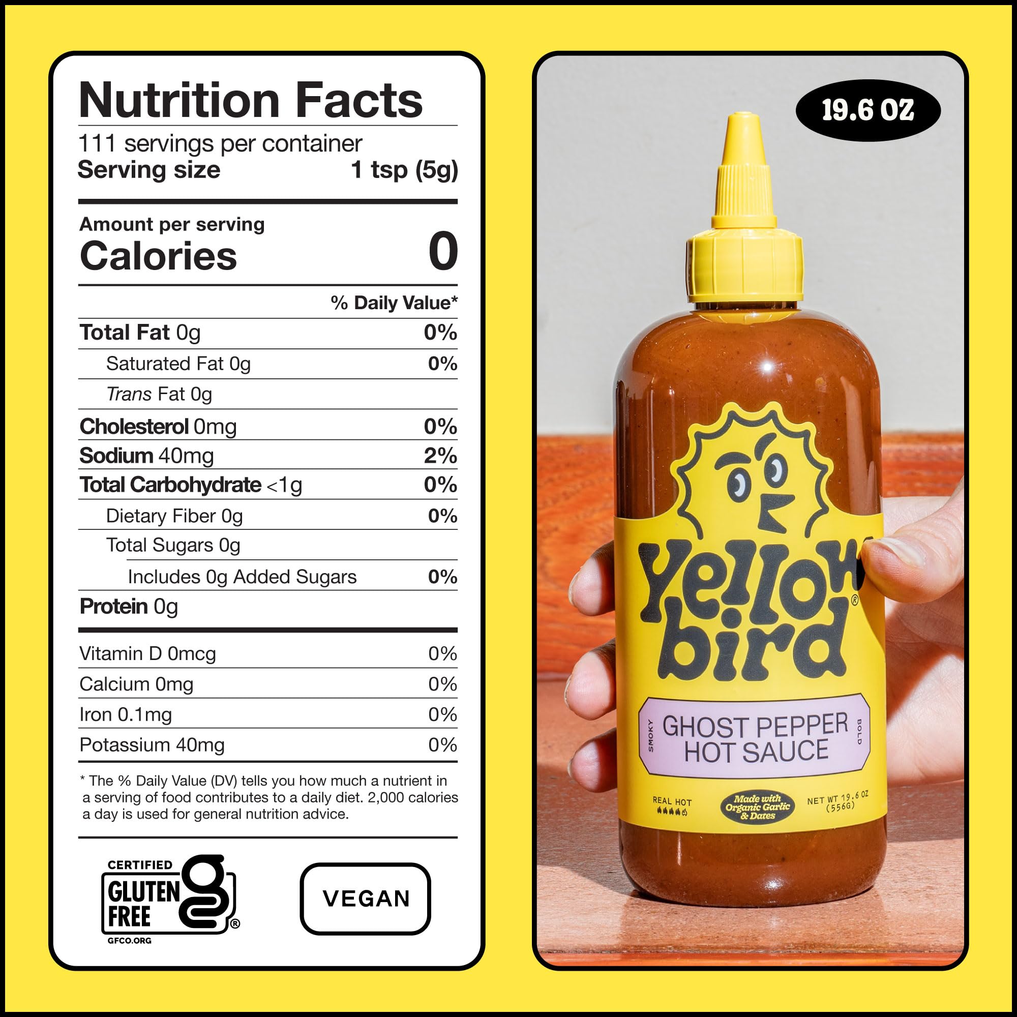Yellowbird label close-up shows organic ingredients and gluten-free badge.