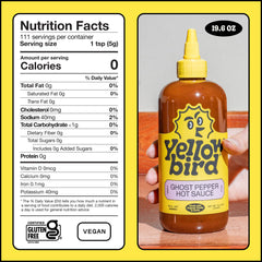Yellowbird label close-up shows organic ingredients and gluten-free badge.