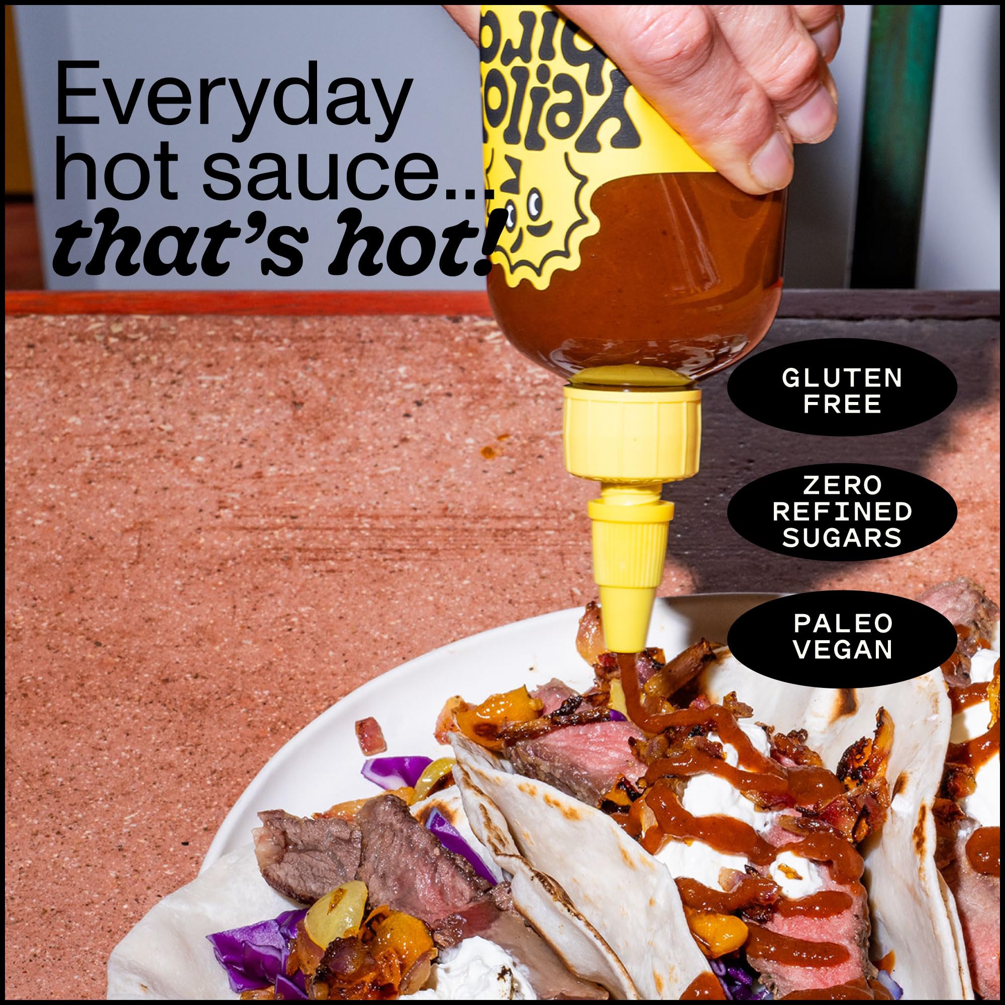 Yellowbird ghost pepper sauce on a dining table for tasting.