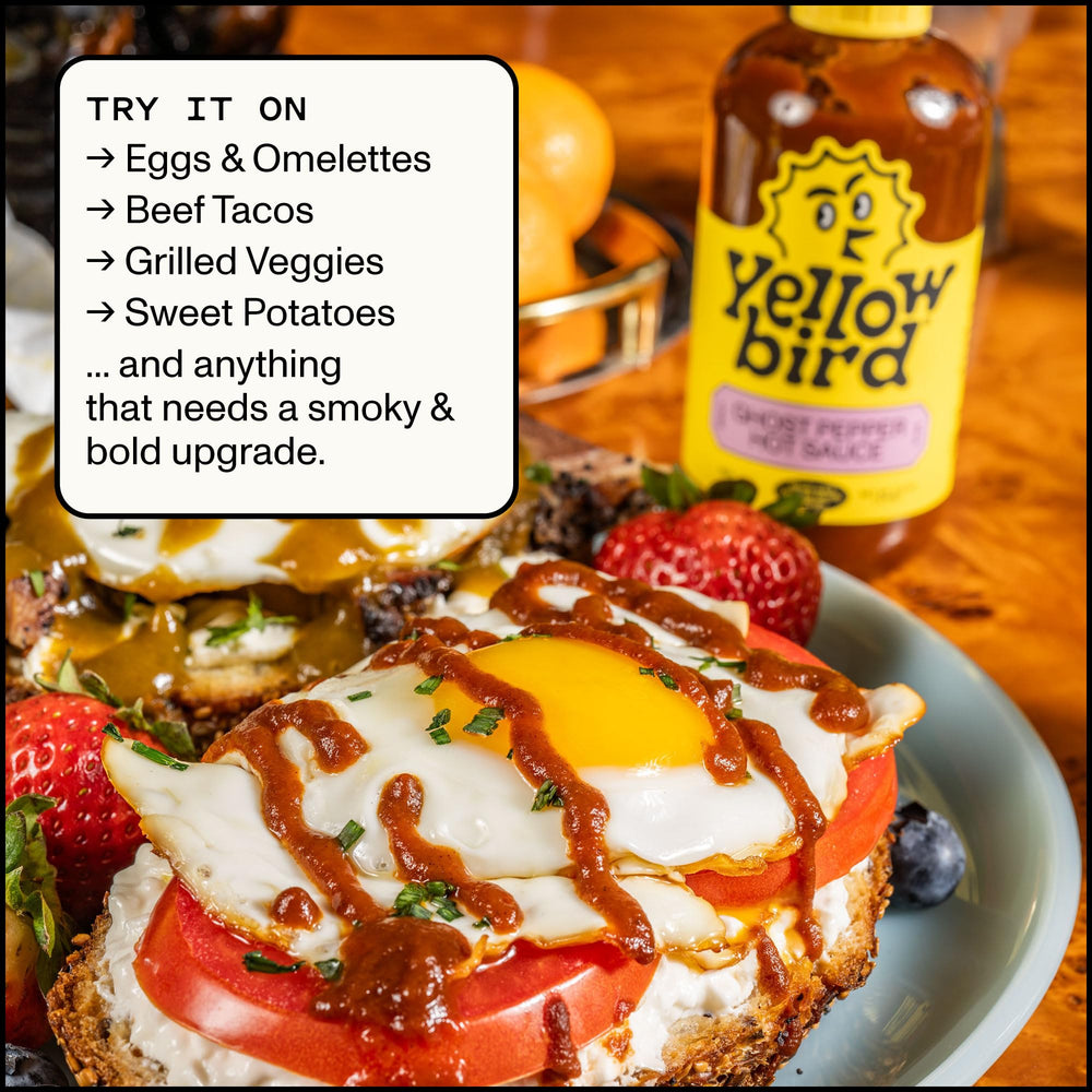 Yellowbird hot sauce bottle pours for seasoning ideas.