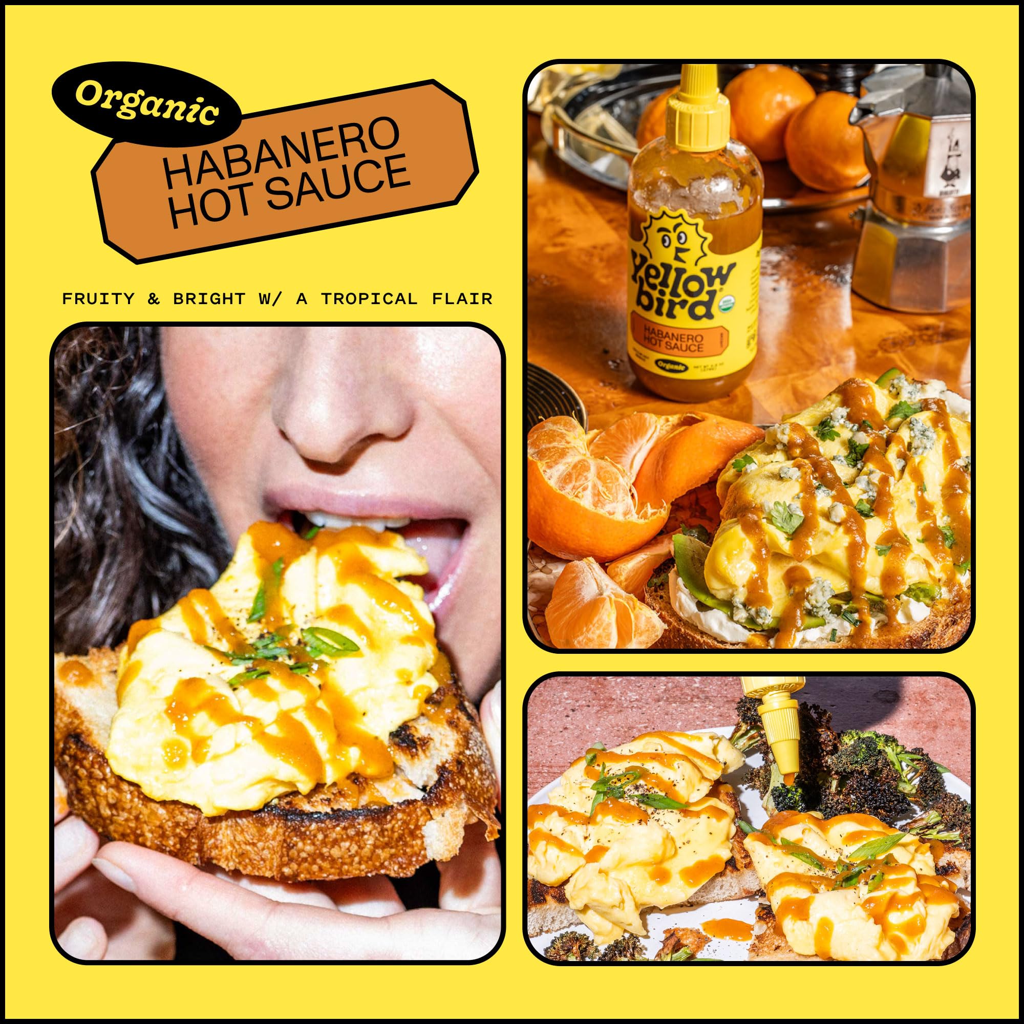 Yellowbird Organic Habanero Hot Sauce glass bottle on a kitchen shelf.
