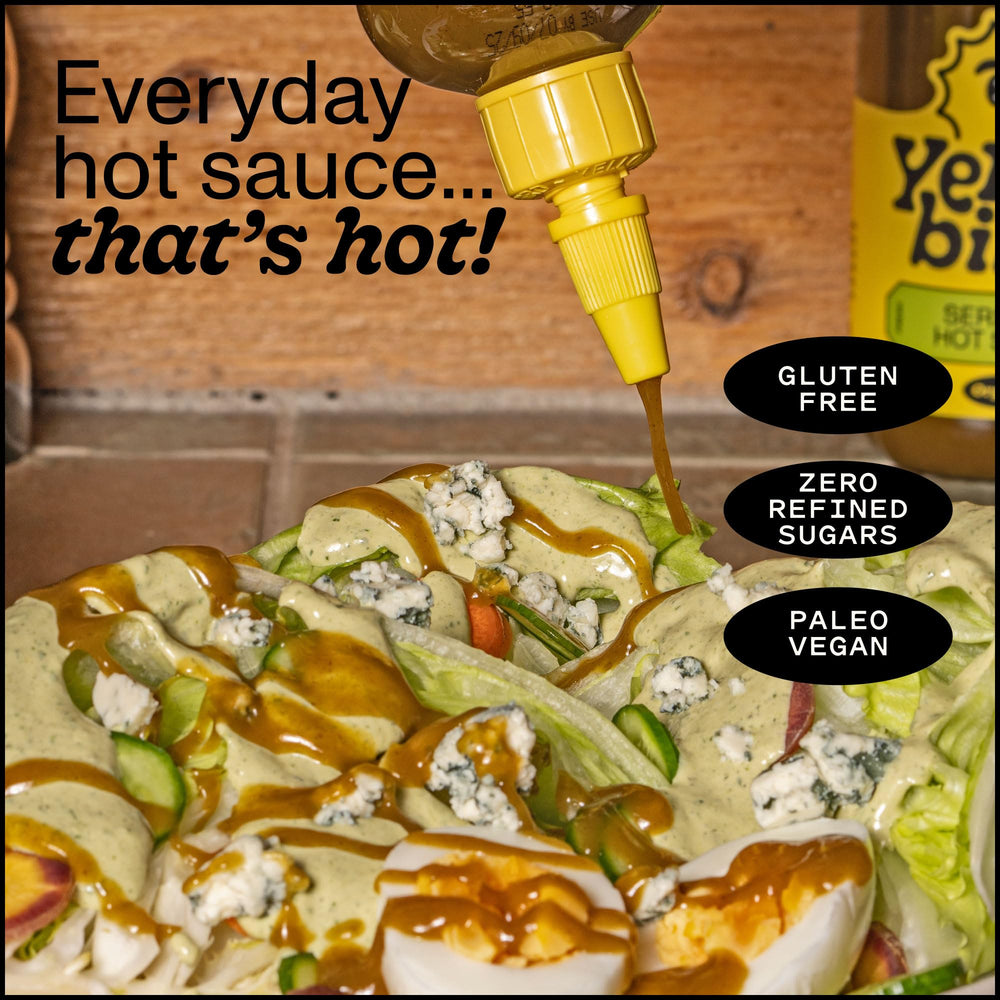 Gluten-free label on Yellowbird Serrano hot sauce bottle.