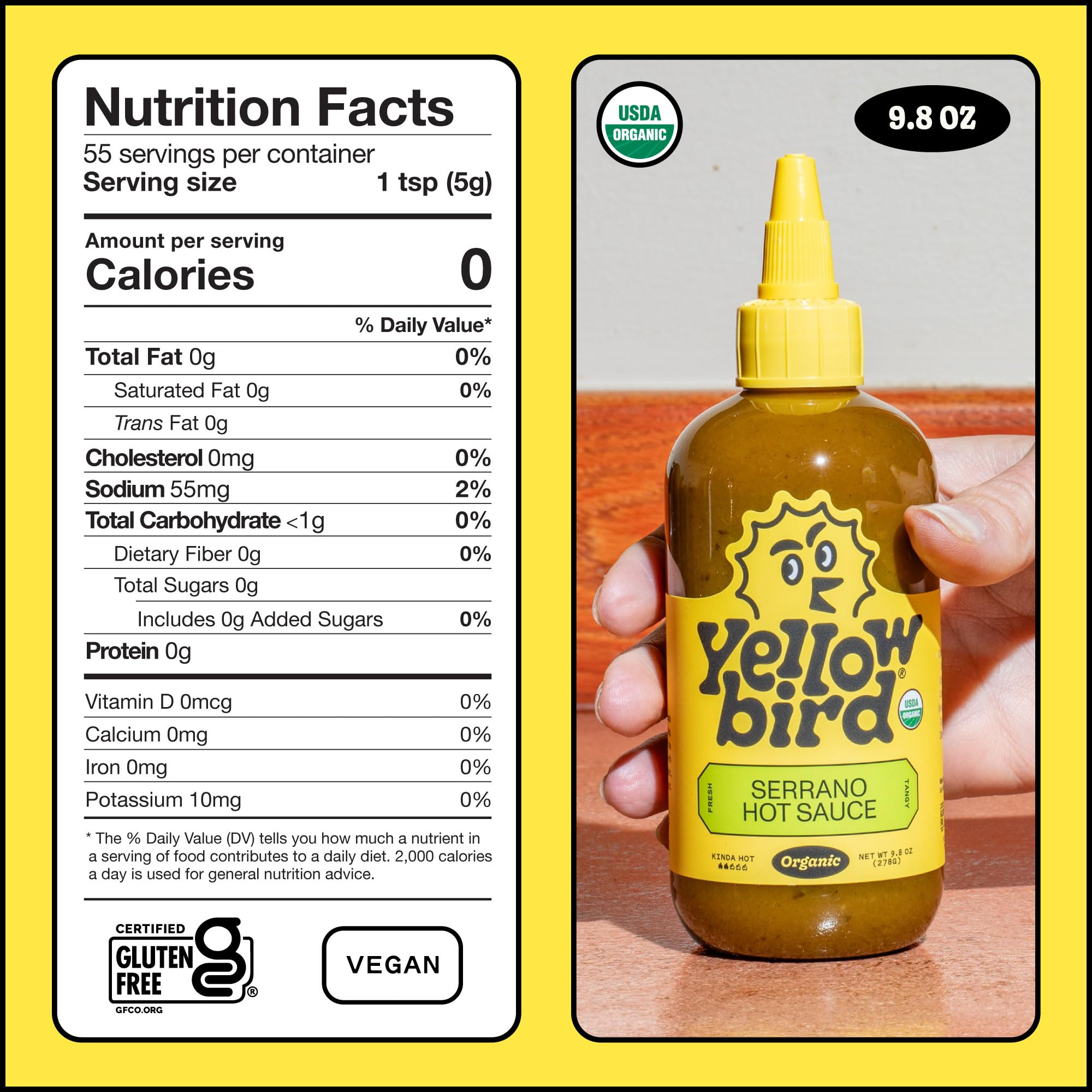 Vegan Yellowbird Serrano sauce highlights plant-based flavor.