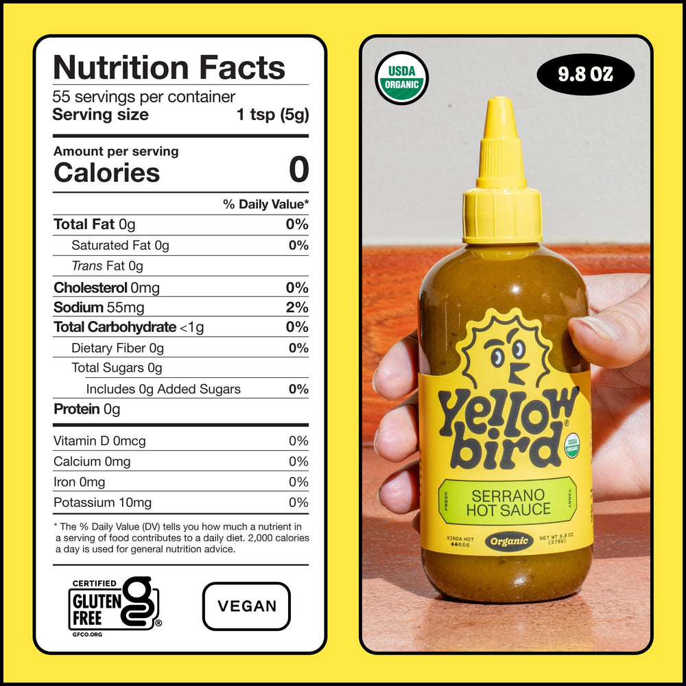 Vegan Yellowbird Serrano sauce highlights plant-based flavor.