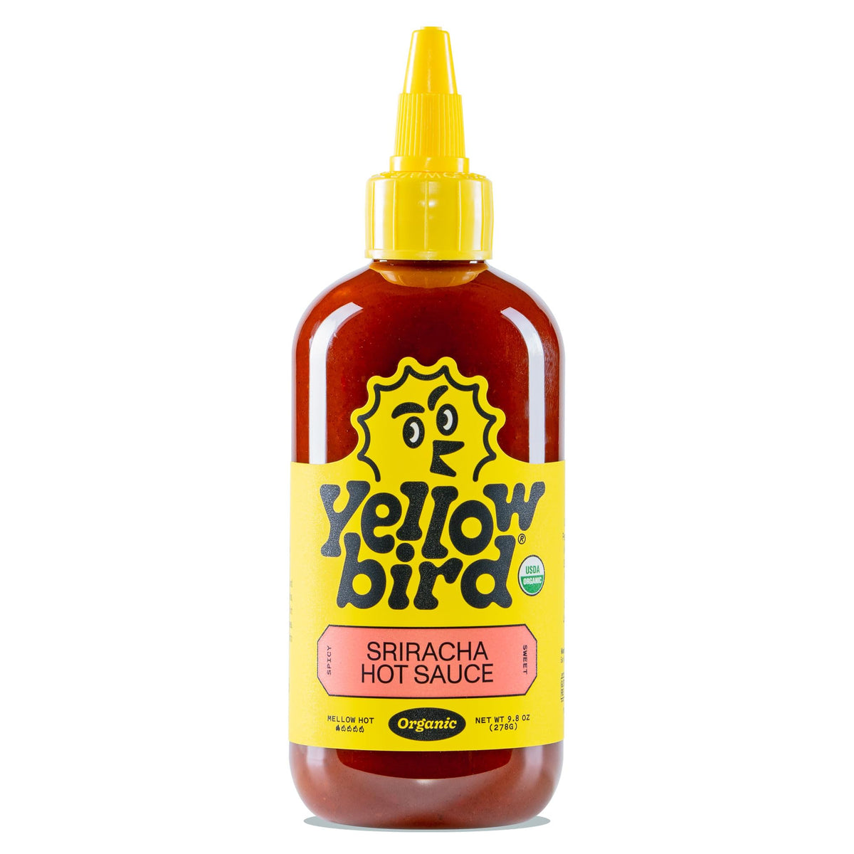 Yellowbird Sriracha bottle pour highlights mellow heat with a sweet garlic finish, great for topping bowls