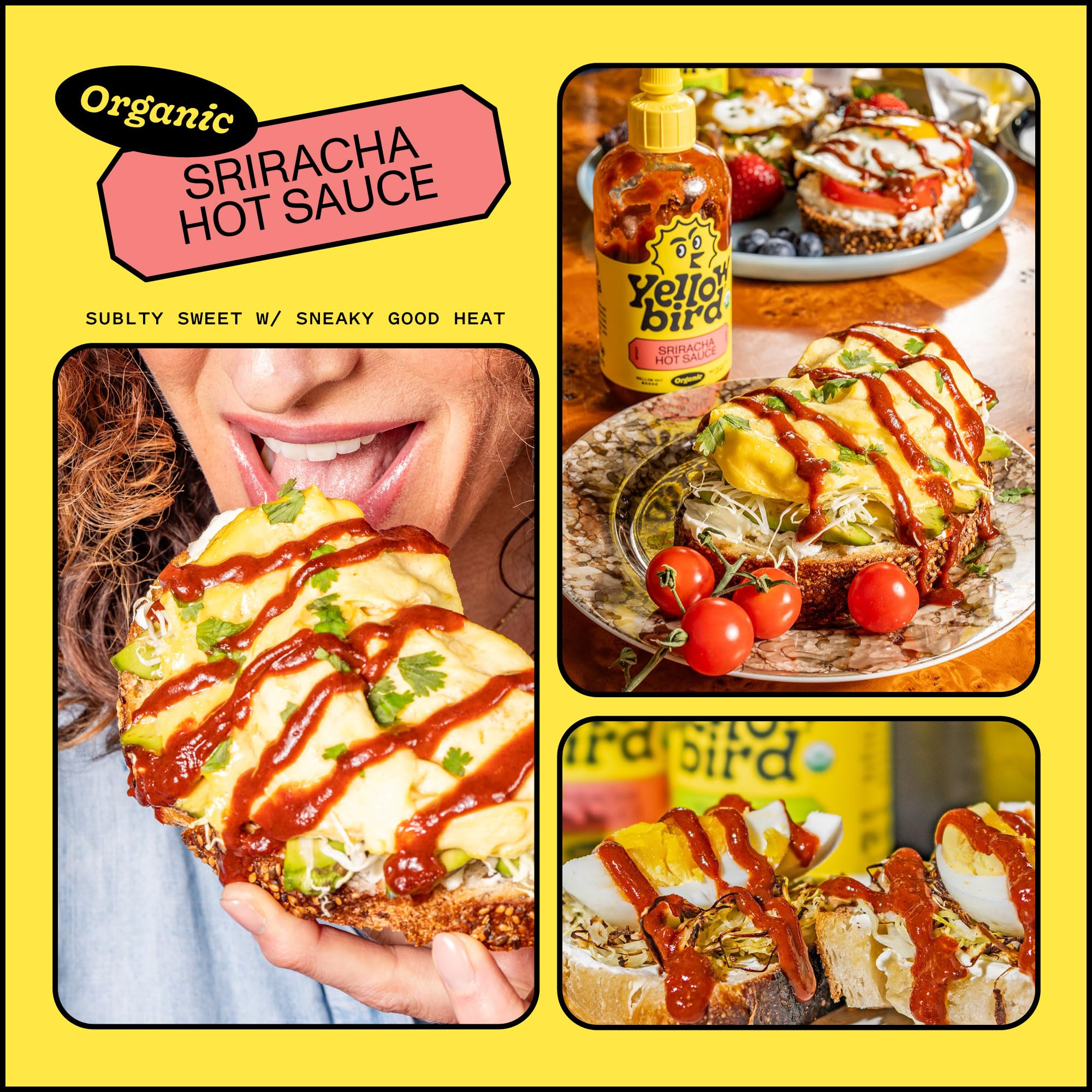 Yellowbird Sriracha ingredients panel emphasizes organic garlic, dates, and lime.