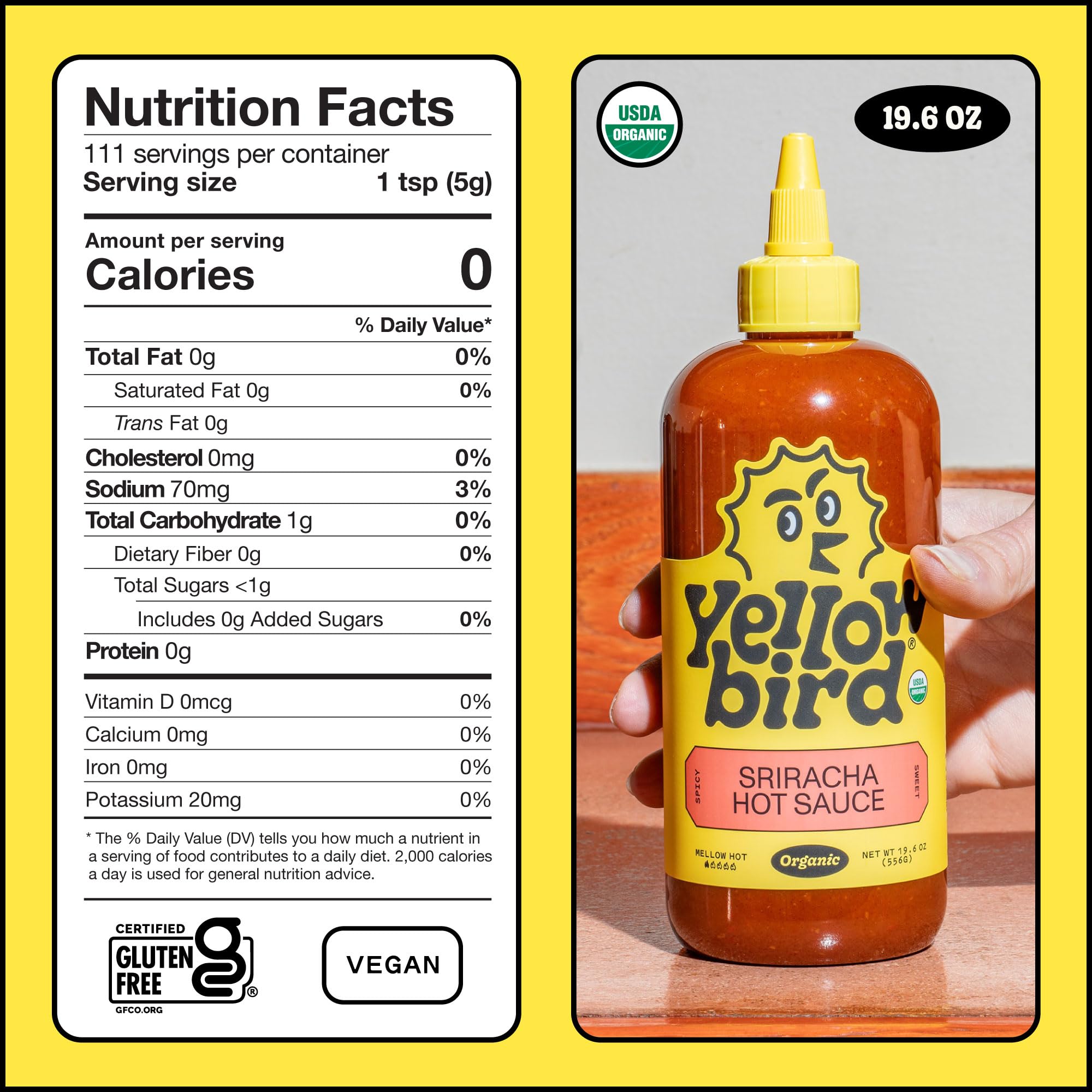 Yellowbird Sriracha label close-up highlighting organic ingredients and mellow heat.