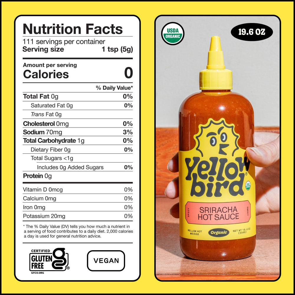 Yellowbird Sriracha label close-up highlighting organic ingredients and mellow heat.