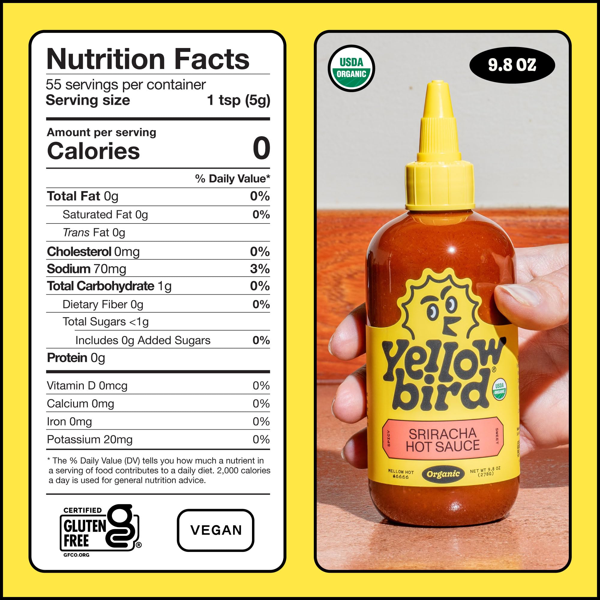 Yellowbird Sriracha label closeup emphasizes organic ingredients and clean gluten-free, vegan attributes