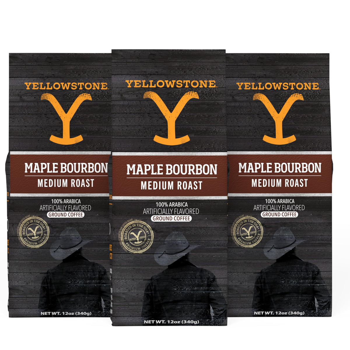 Yellowstone Maple Bourbon coffee packshot: premium grounds for a bold morning ritual.