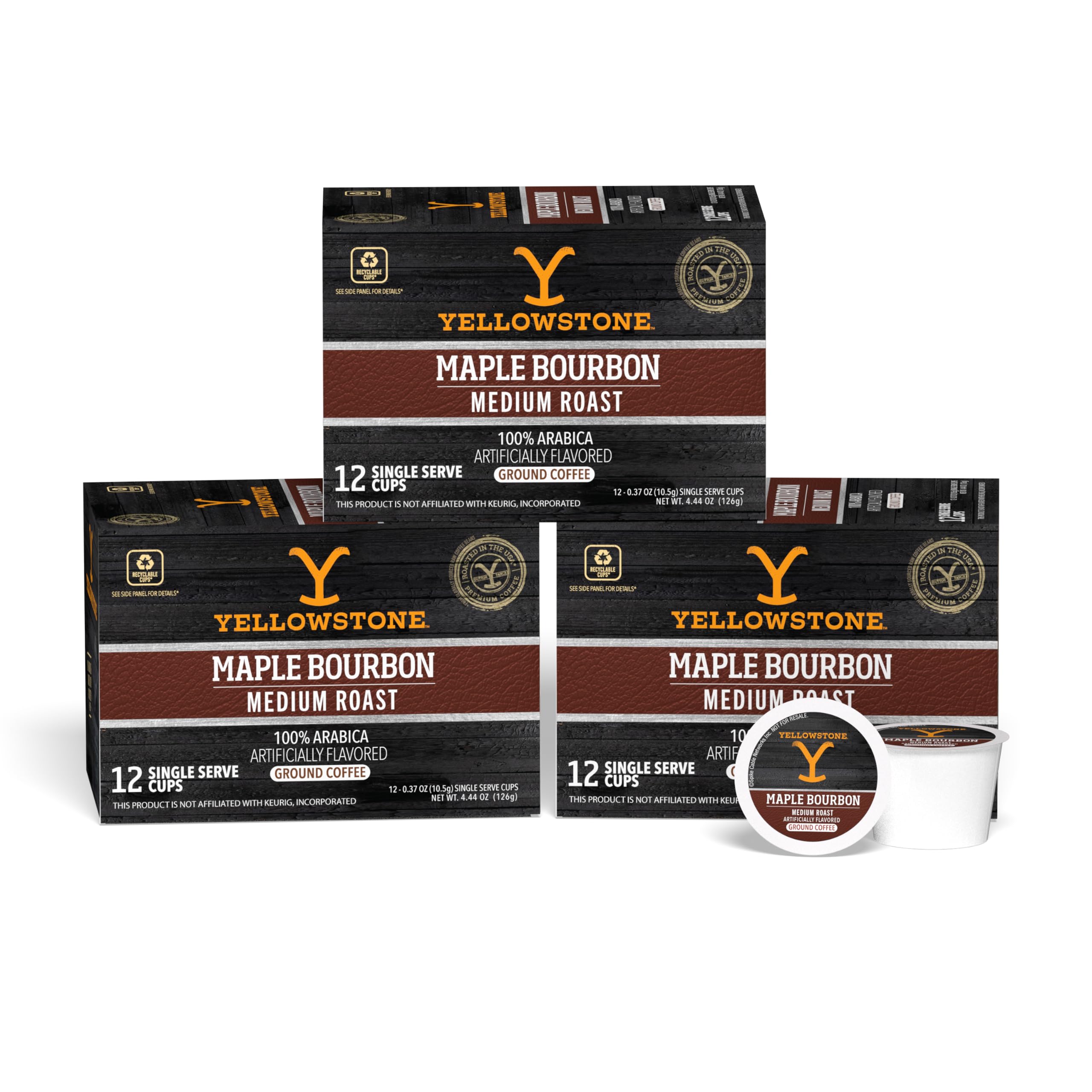Yellowstone Maple Bourbon coffee pods packaging showing eco-friendly single-serve design
