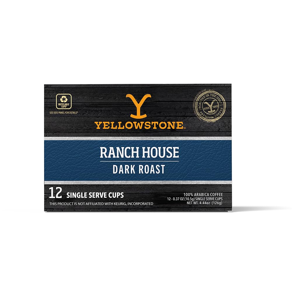 Y Yellowstone Ranch House Dark Roast packaging front highlighting recyclable pods
