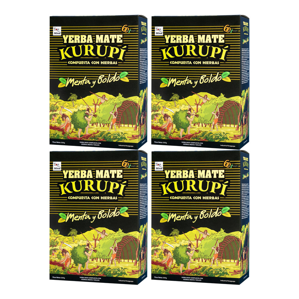 Kurupi Mint Boldo Yerba Mate 500 g 4-pack packaging highlights premium herbal blend