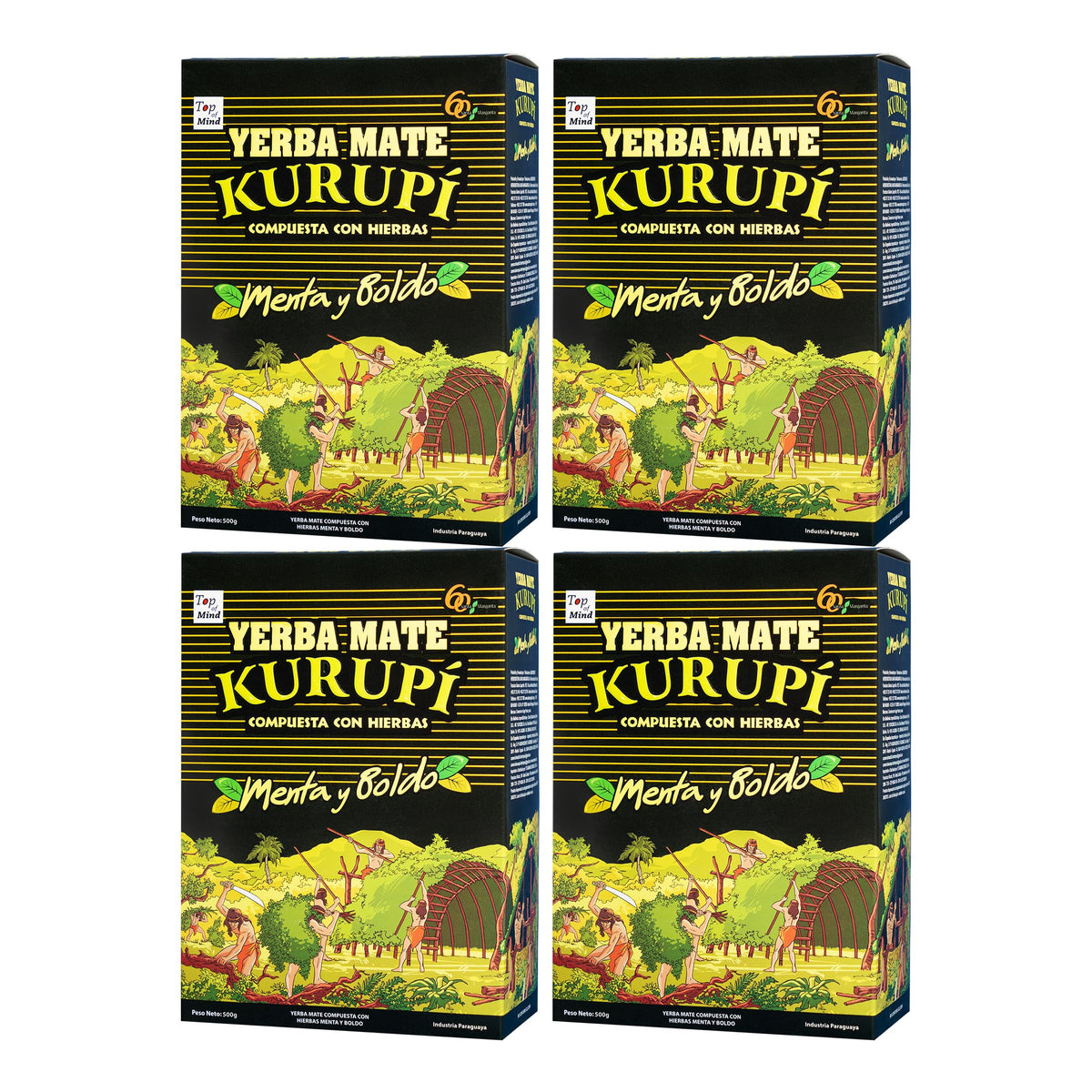 Kurupi Mint Boldo Yerba Mate 500 g 4-pack packaging highlights premium herbal blend