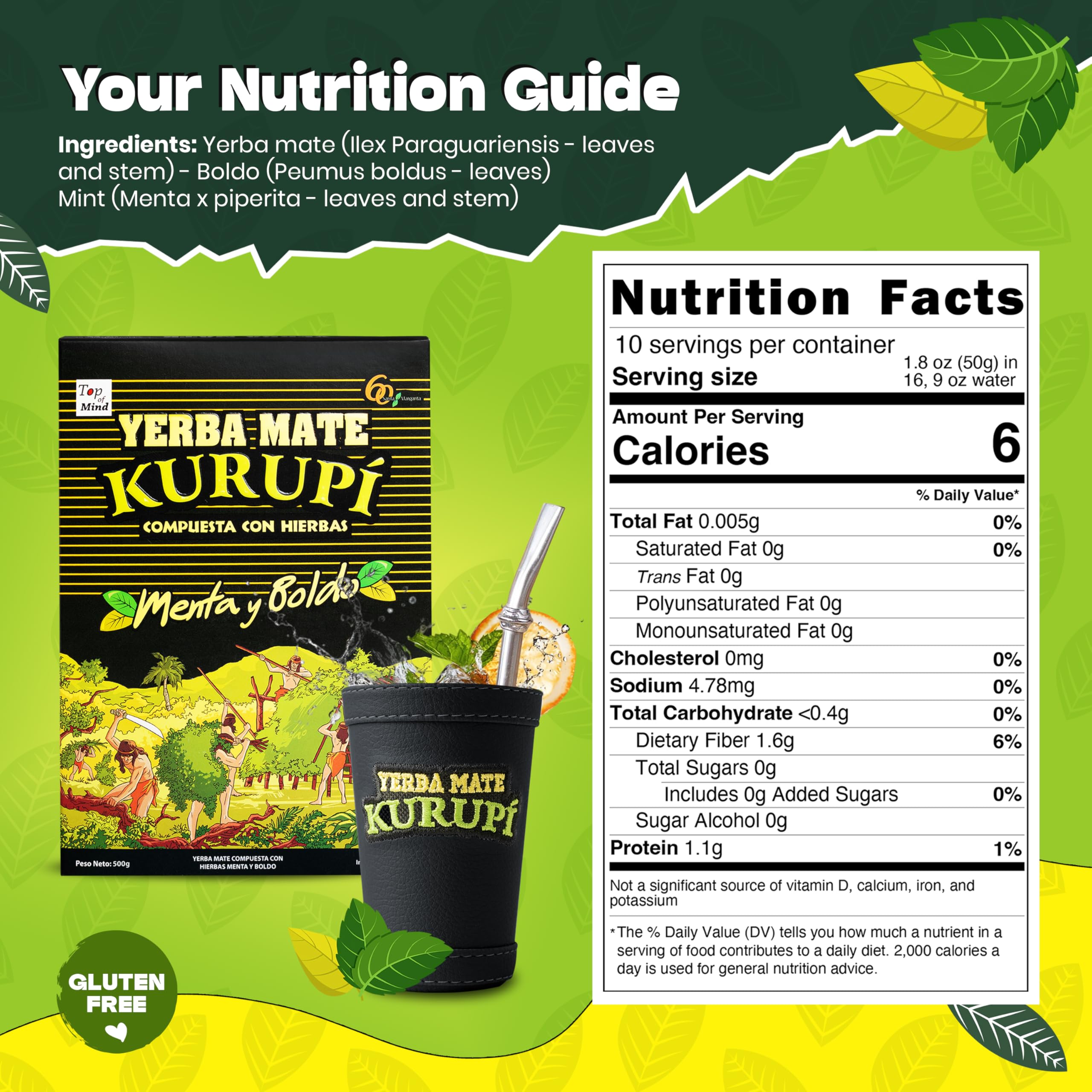 Close-up of Kurupi mint boldo yerba mate 500 g bag for daily use