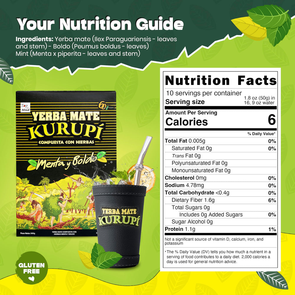 Close-up of Kurupi mint boldo yerba mate 500 g bag for daily use