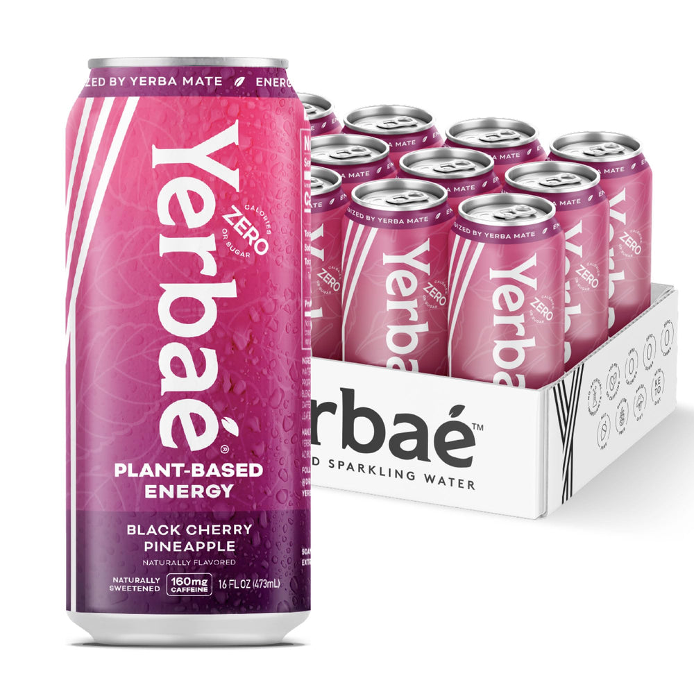 YERBAÉ Black Cherry Pineapple can close-up highlighting zero sugar and plant-based energy.