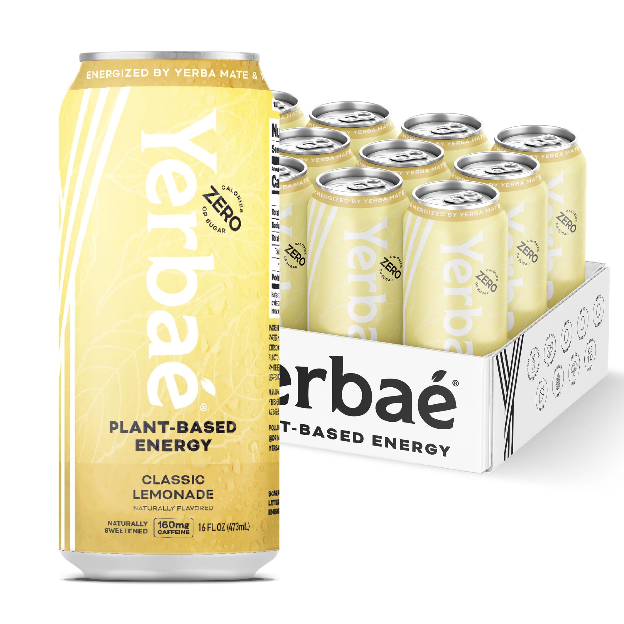 Yerbae Classic Lemonade can lineup highlighting zero sugar and plant-based caffeine energy.