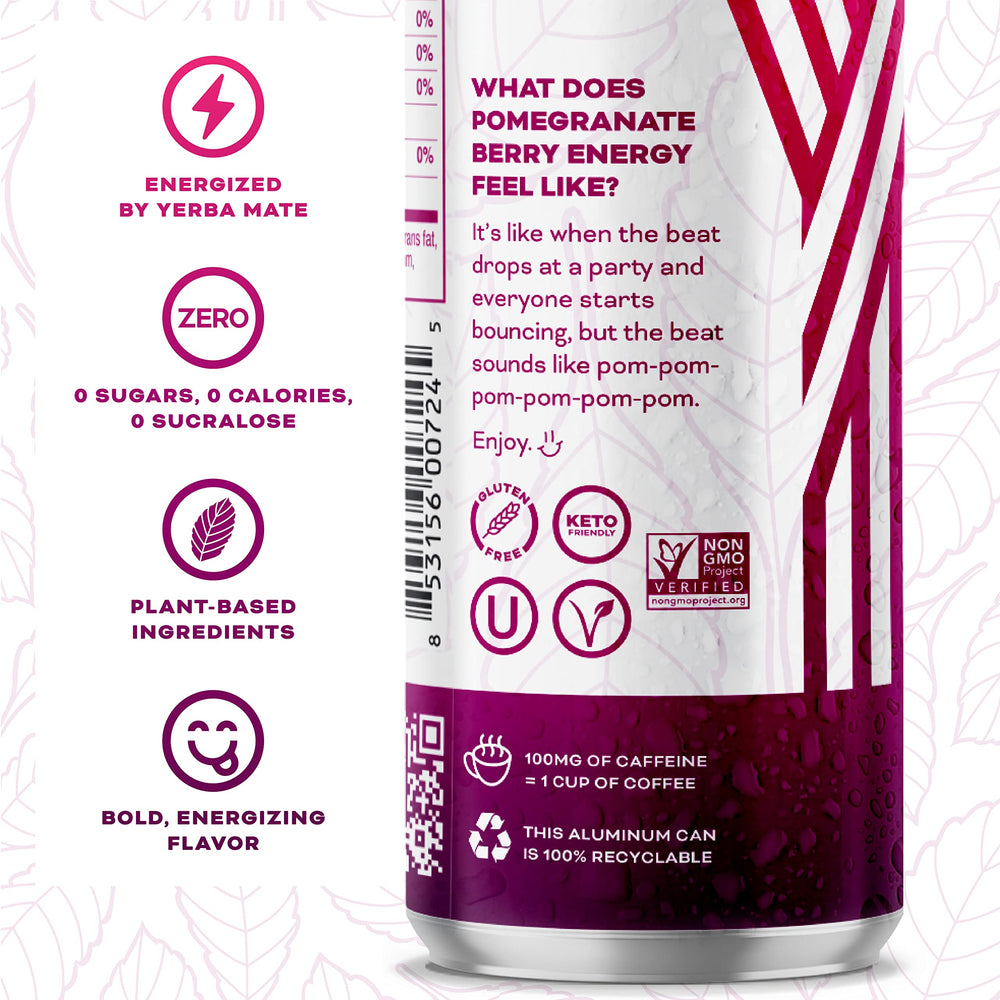 Close-up of Yerbaé label on Pomegranate Berry can for brand recognition