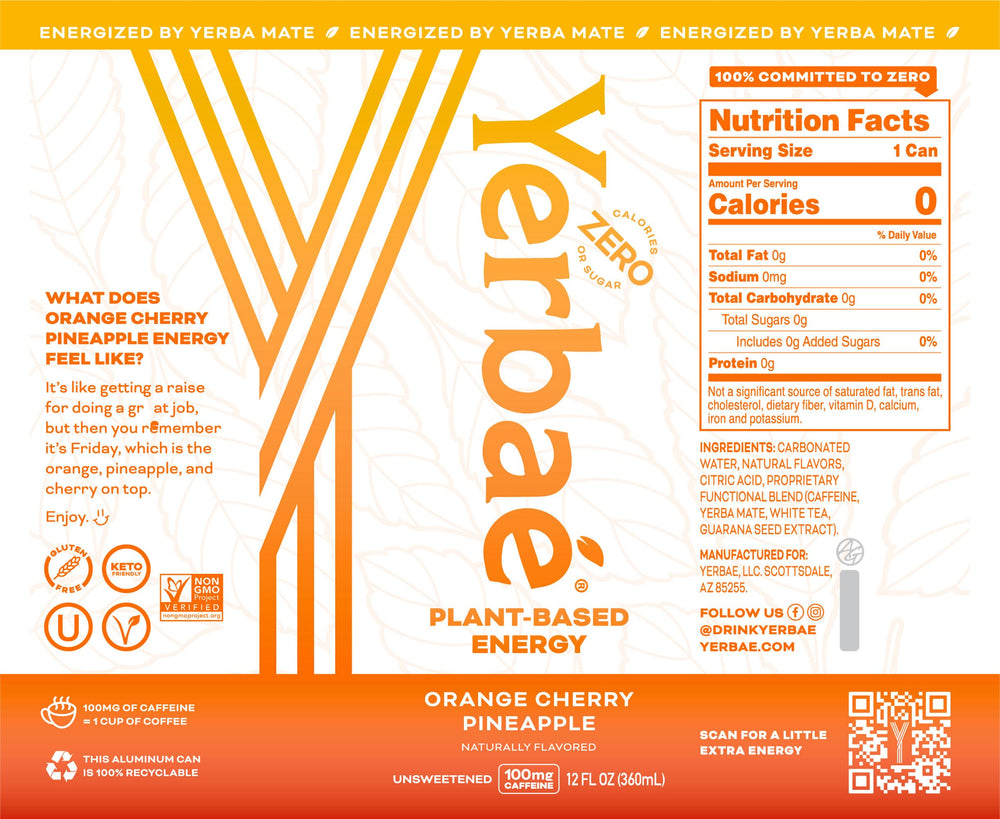 Close-up of Yerbaé logo with yerba mate imagery for natural caffeine.