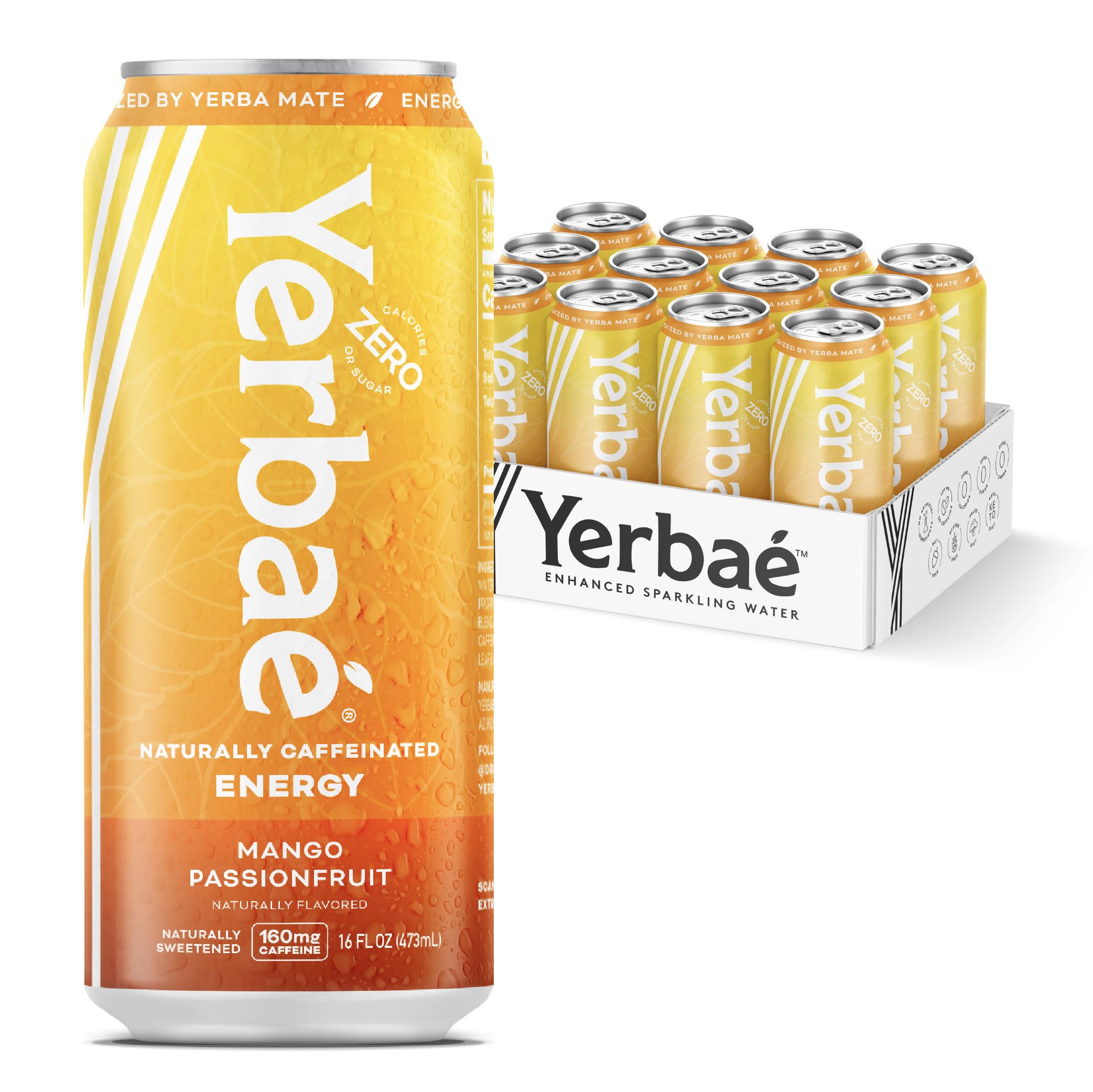 Yerbaé Mango Passion Fruit can front showing sugar-free energy and bold flavor