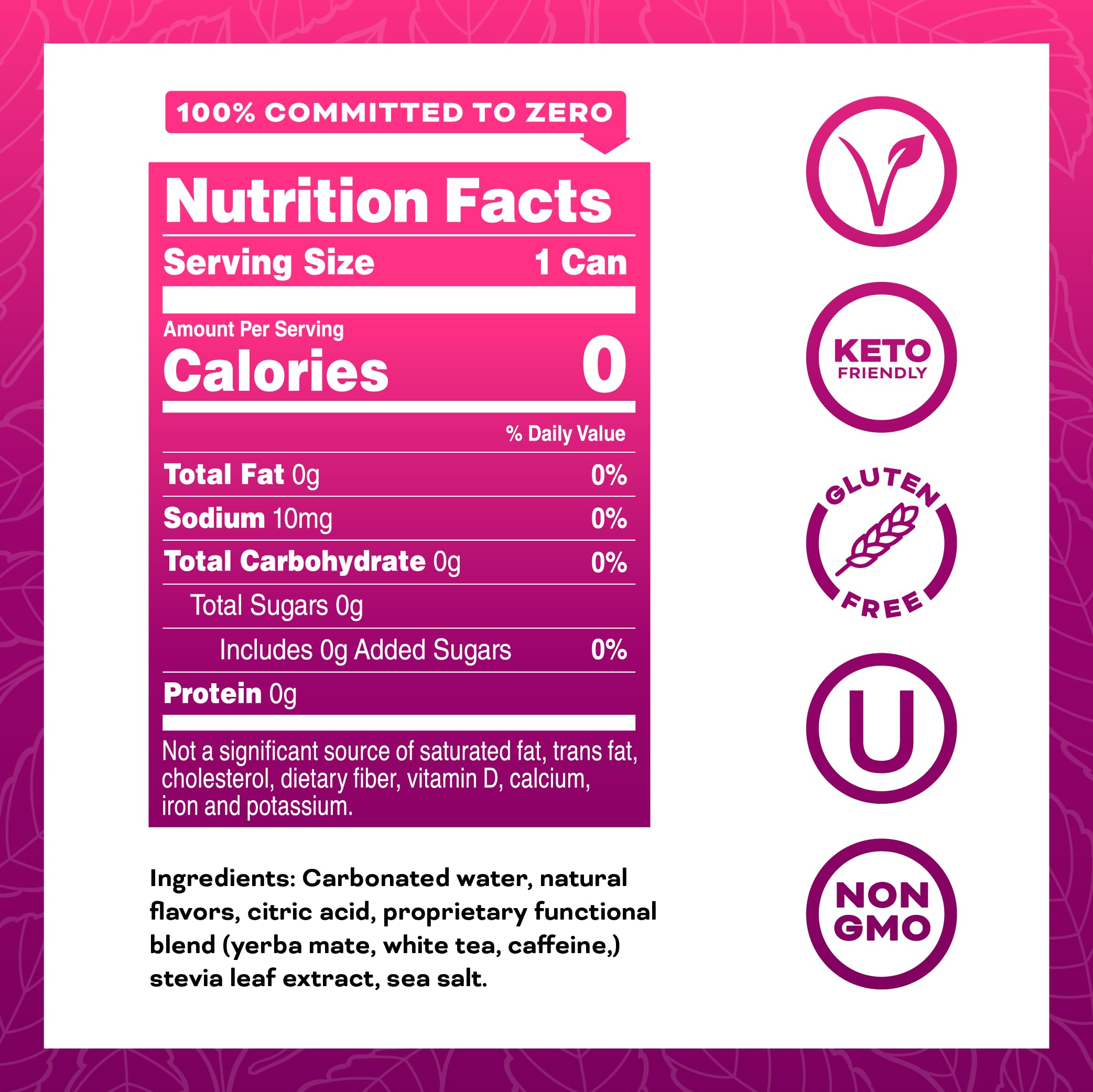 YERBAÉ sugar-free label image emphasizing 0 calories and vegan ingredients for healthier energy.