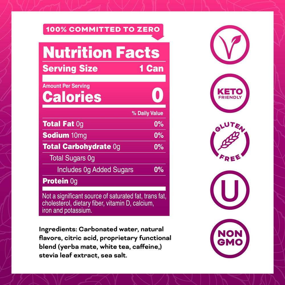 YERBAÉ sugar-free label image emphasizing 0 calories and vegan ingredients for healthier energy.