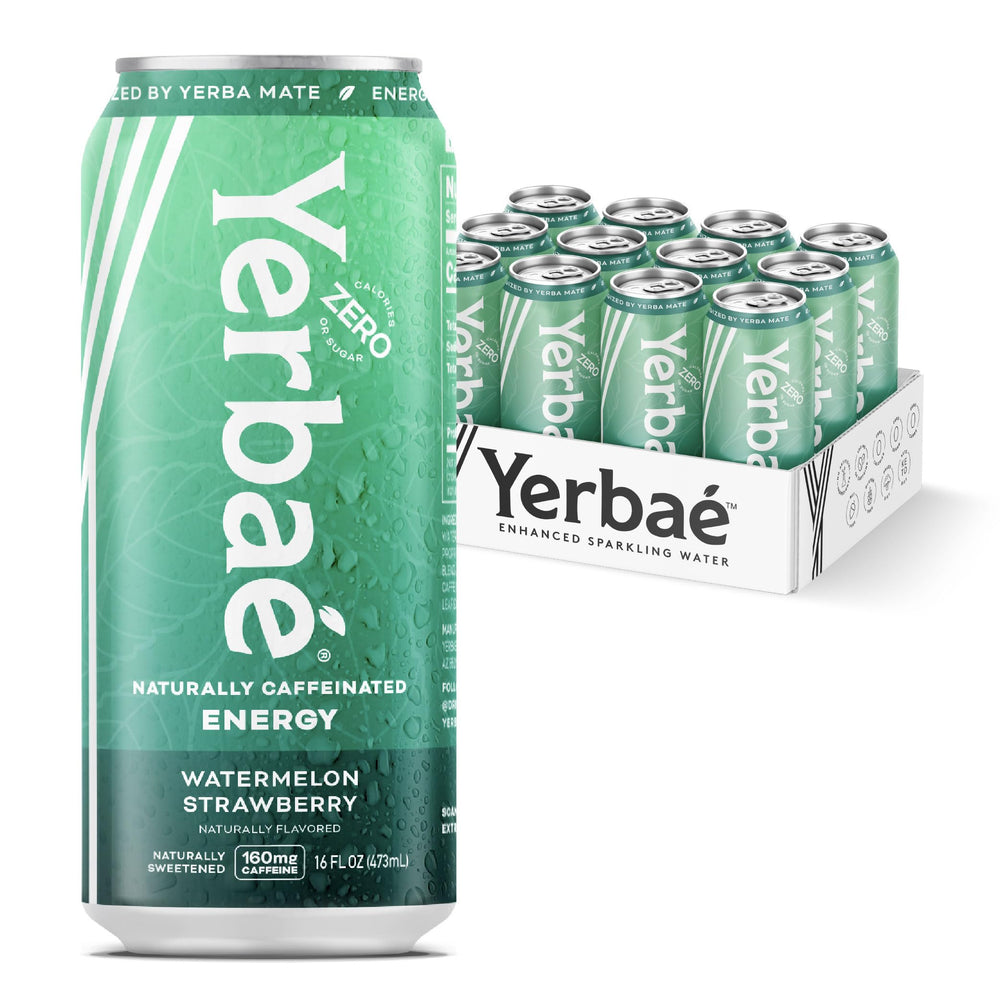 Yerbaé Watermelon Strawberry can close-up showing vibrant label and energy-forward design.