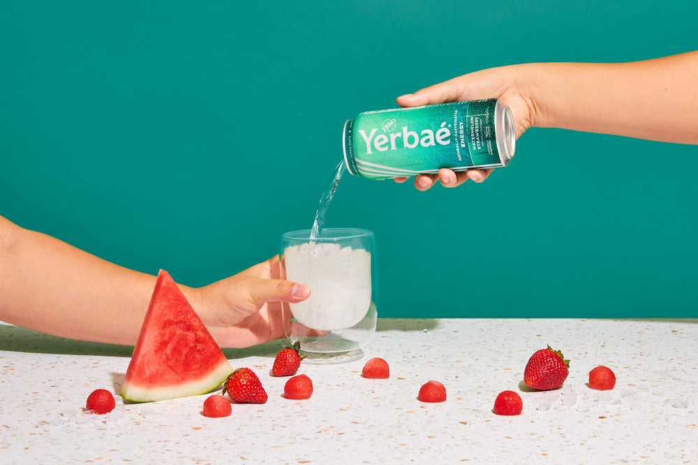 Yerbaé Watermelon Strawberry can highlights gluten-free, stevia-sweetened flavor.