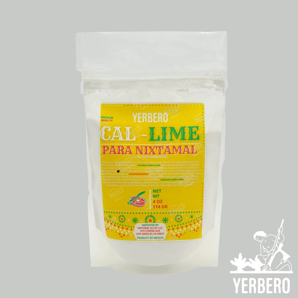 Yerbero calcium hydroxide powder jar highlights premium quality for nixtamalization and tortilla making.