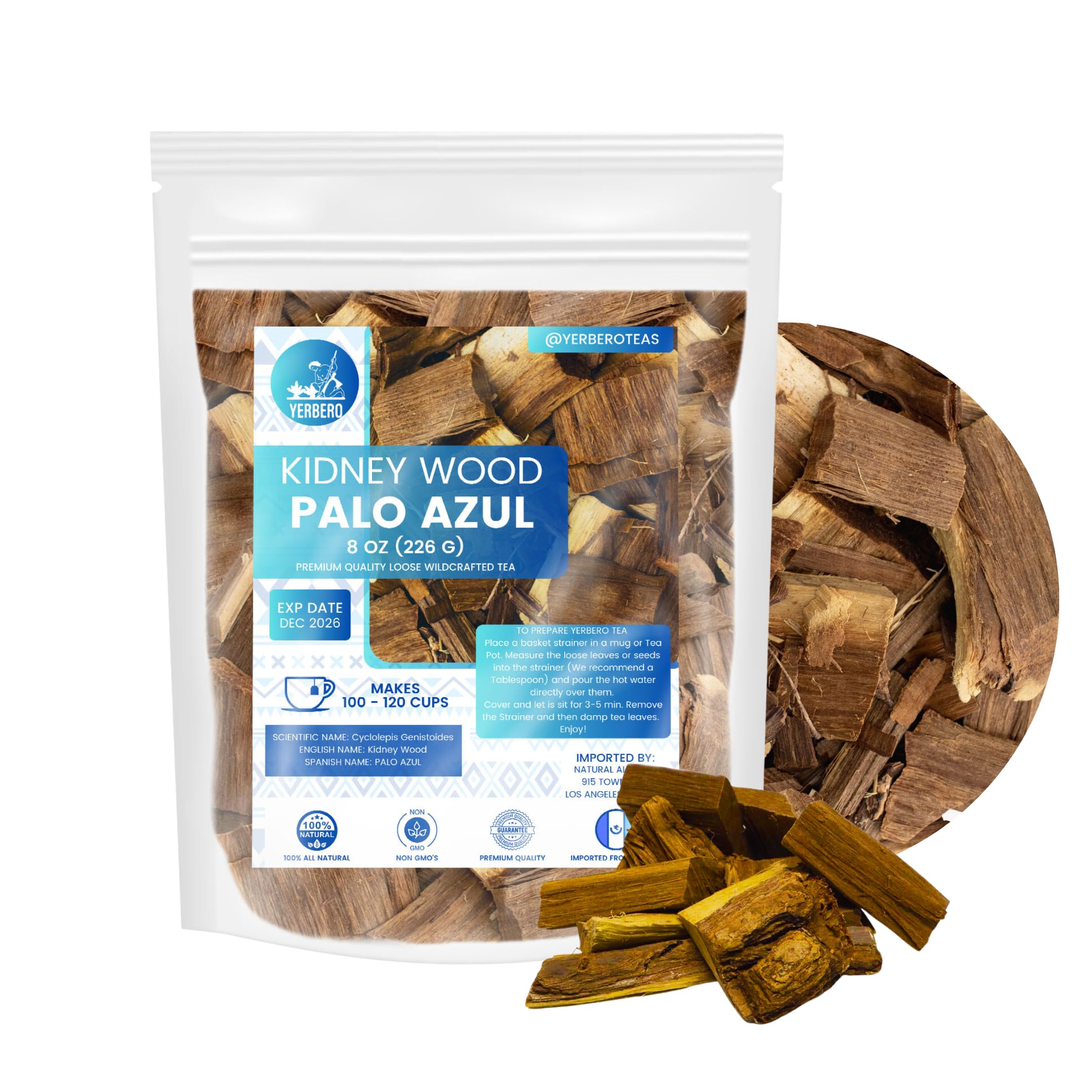 Yerbero Palo Azul tea brew with deep azure hue and earthy aroma.