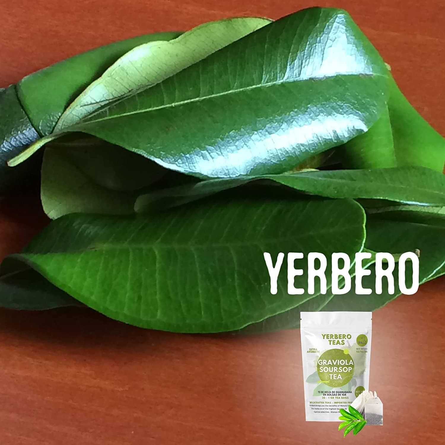 Yerbero premium wildcrafted quality label on Guanabana leaves package.
